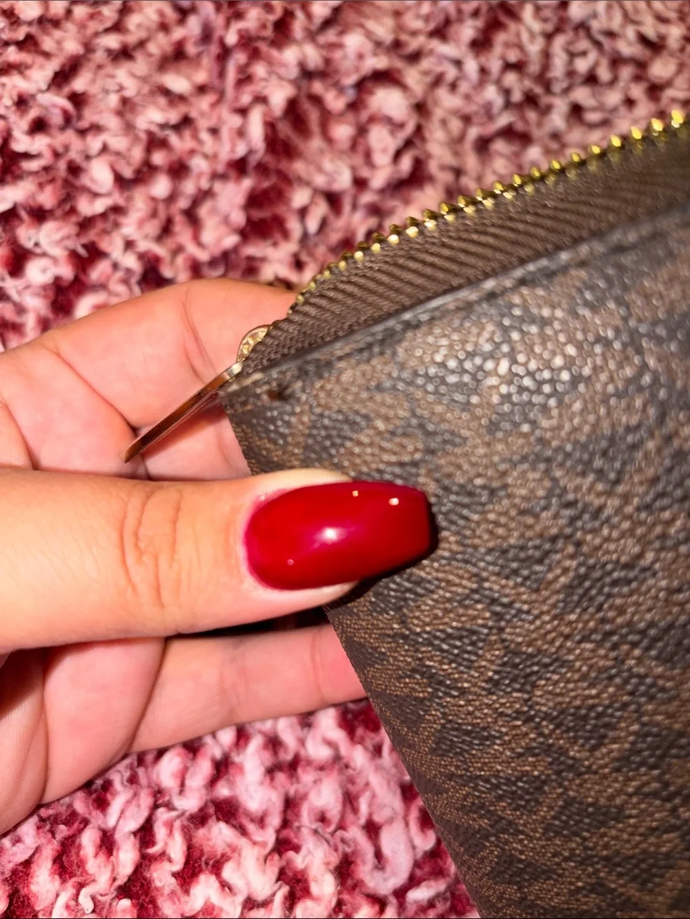 Michael Kors Brown Logo Zip Wristlet with Gold Hardware